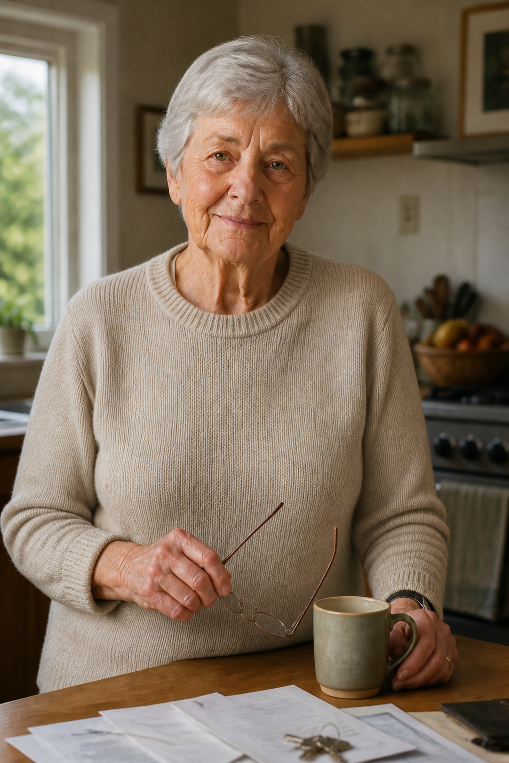 An older woman at her kitchen table