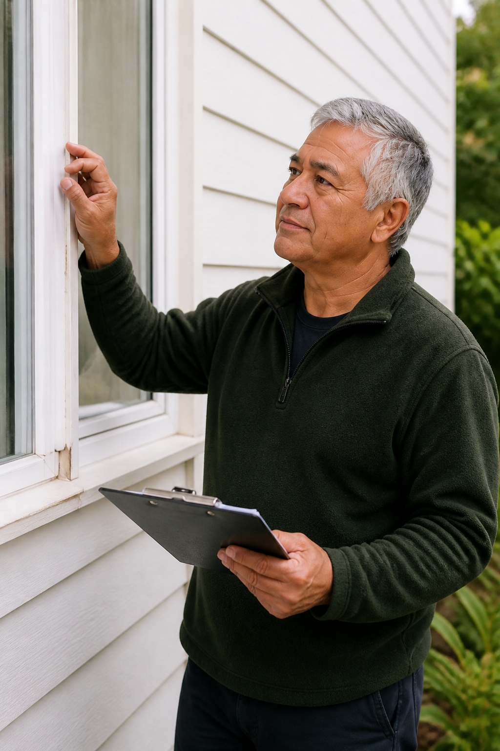A local coordinator inspecting the window of a home